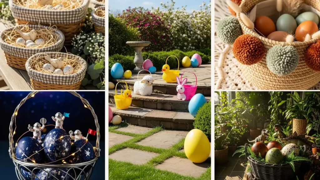 Bunte Osterkörbe mit Eiern und niedlichen Tierfiguren, eine süße Osterdekoration, die Kinder lieben werden.
