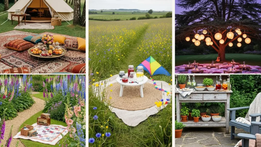 Zauberhafte Picknick-Sitzplatz-Ideen im englischen Gartenstil mit bunten Blumen und bequemen Kissen.