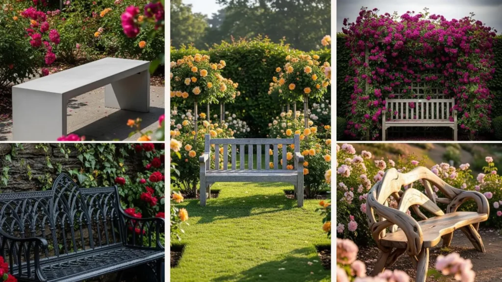 Bezaubernde Gartenbank inmitten eines blühenden englischen Rosengartens – ideal für intime Momente.