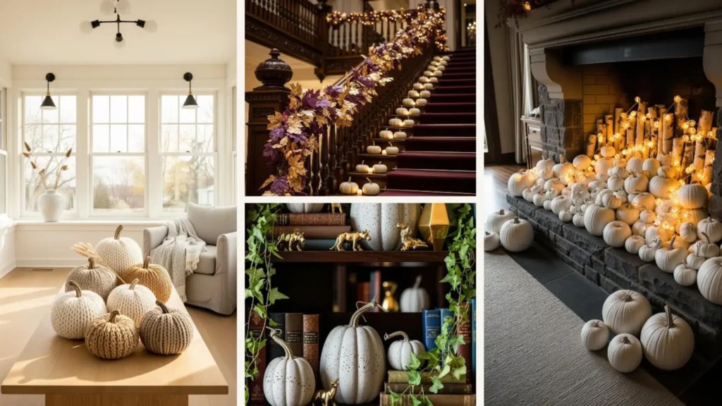 Stilvolle, budgetfreundliche Kürbis-Deko: Weiße und gestrickte Zierkürbisse in luxuriösen Herbstarrangements.