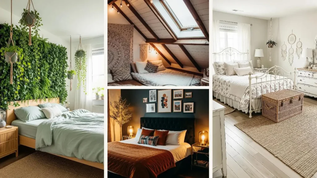 Collage von vier eleganten Boho-Schlafzimmern für Paare mit gemütlicher, romantischer Einrichtung und Dekoration.