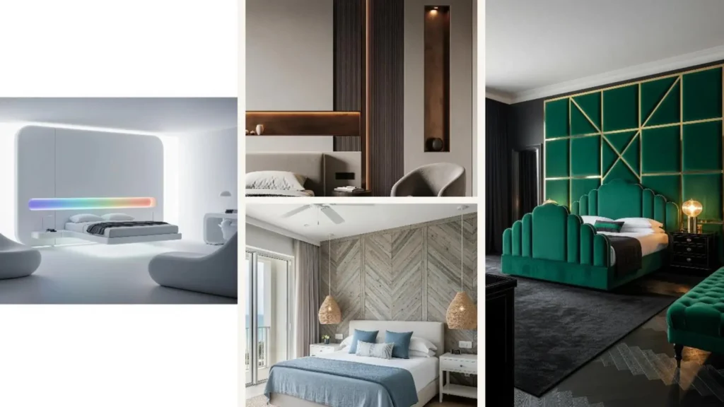 Collage von Schlafzimmern im Hotelstil mit maßgefertigten Wandpaneelen aus Holz, Stoff und mit LED-Lichtern.