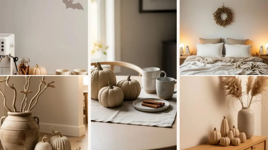 Einladende Halloween-Deko in warmem Beige: Kürbisse, Fledermäuse und sanfte Lichter für ein minimalistisches Zuhause.