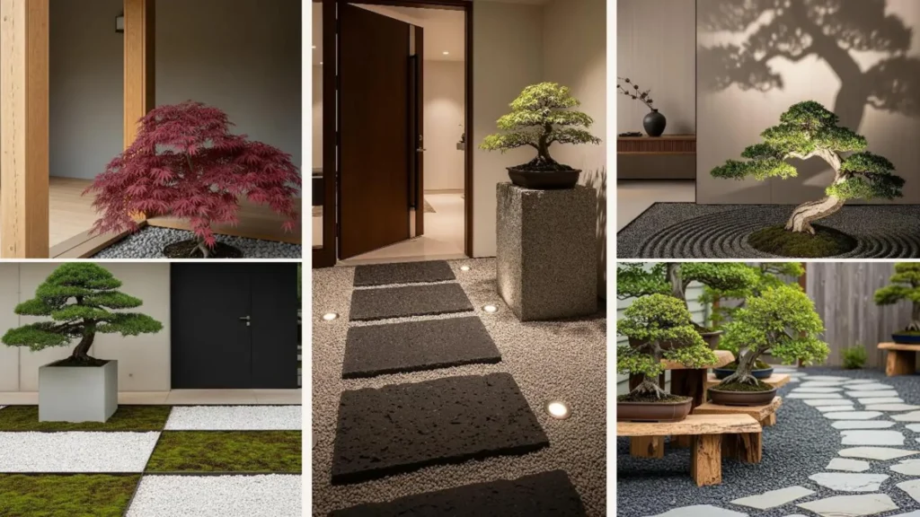Collage moderner Japandi-Gartenideen für Hauseingänge mit Kies und kunstvollen Bonsai-Bäumen.