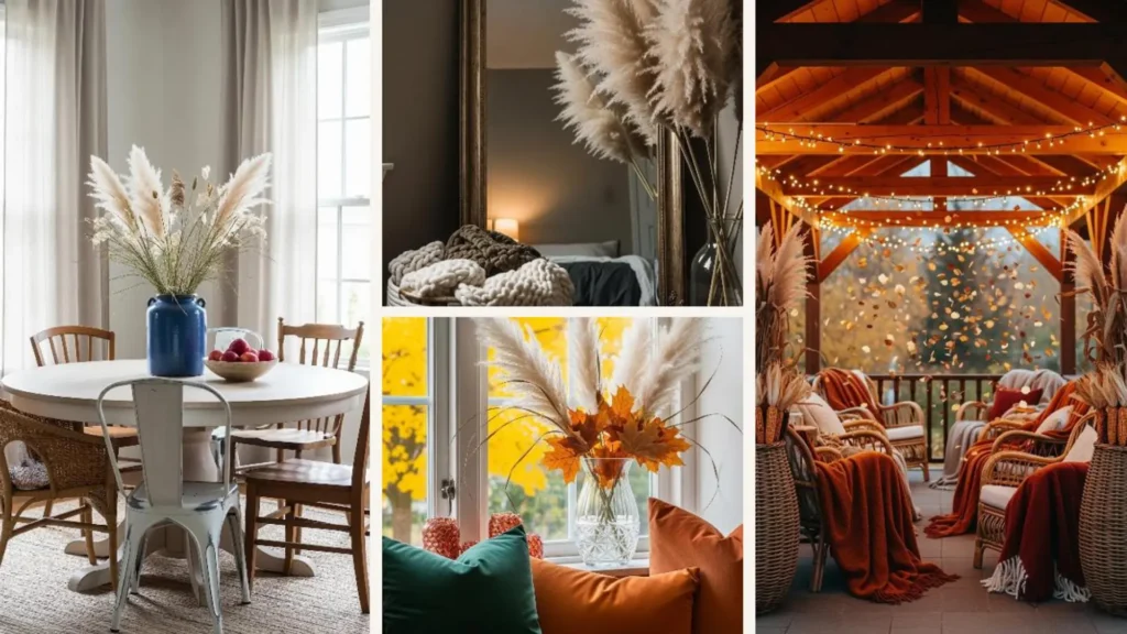 Gemütliche Herbstdeko-Ideen im Boho-Stil mit Pampasgras und Trockenblumen auf einer Terrasse.