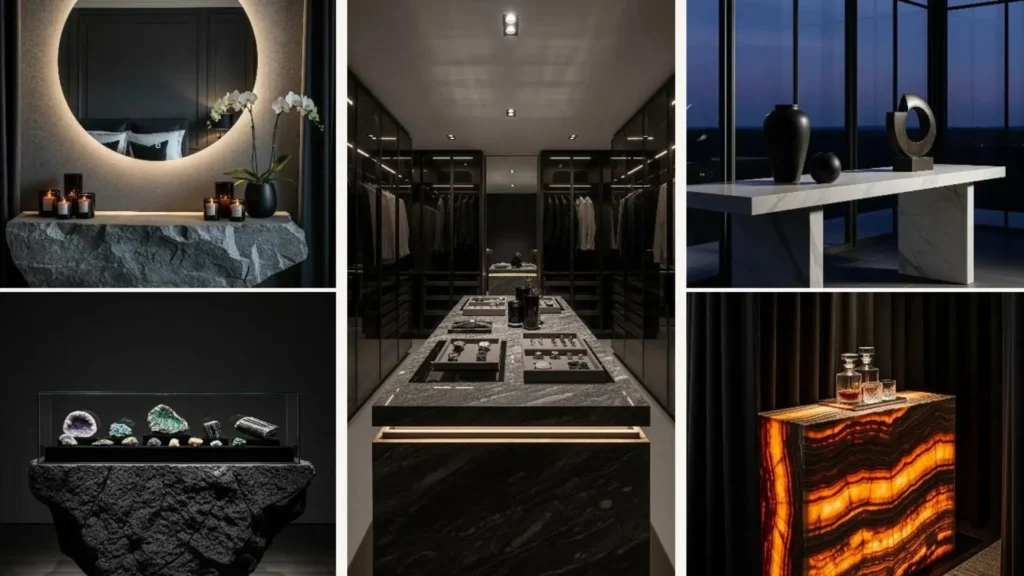 Collage mit 5 markanten Gestaltungsideen für massive Steinkonsolen aus Marmor, Onyx und anderem Naturstein.