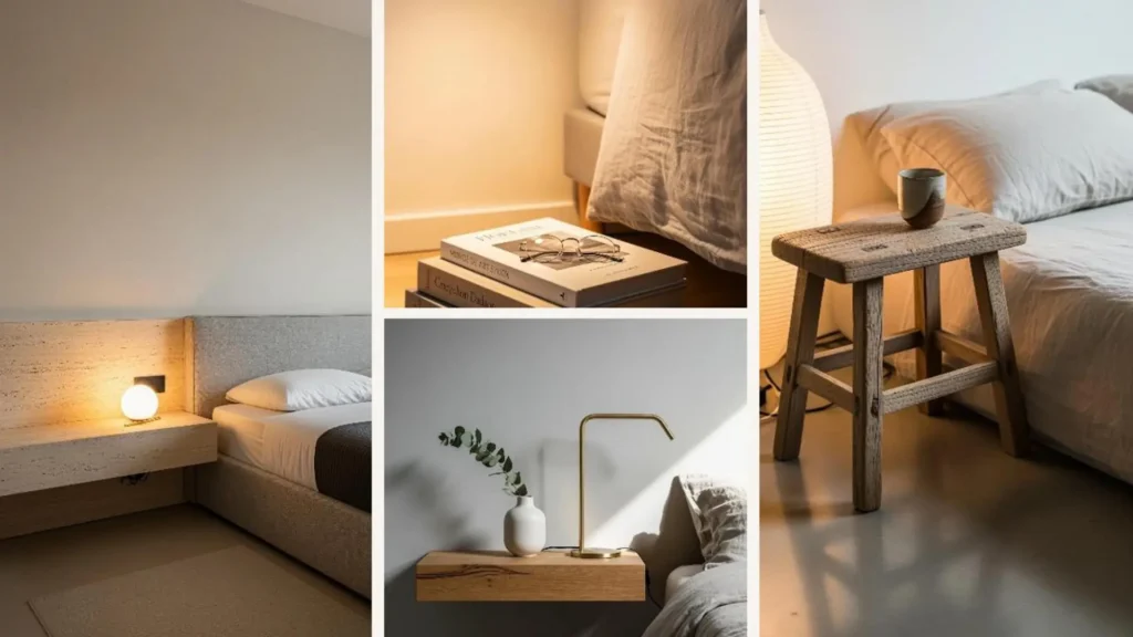 Vier verschiedene minimalistische Nachttische in aufgeräumten Schlafzimmern als Inspiration gegen Unordnung.