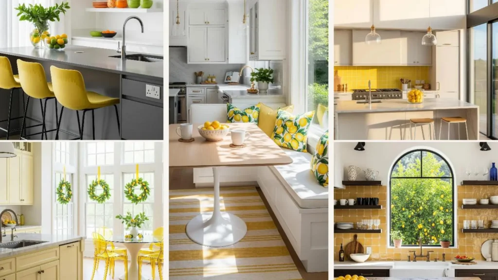 Frische, moderne Küchen mit zitronengelben Details wie Kissen und Fliesen für den Sommer-Look.