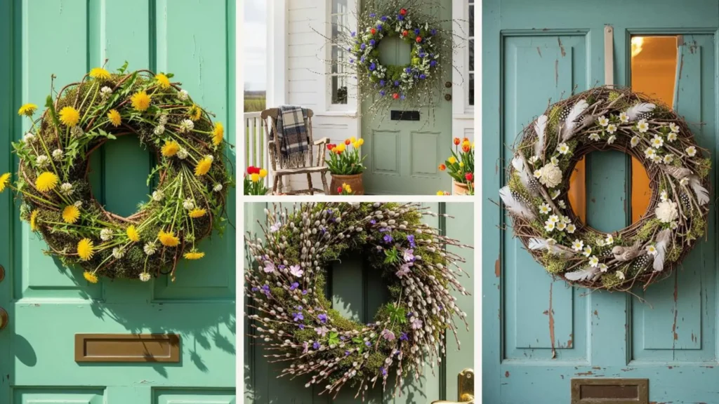 Mehrere natürliche Frühlingskränze aus Zweigen, Moos und Wildblumen schmücken Haustüren.