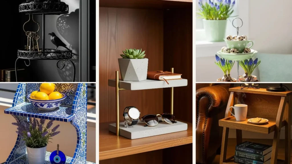 Collage mit platzsparenden Etagere-Ideen als stilvolle Mini-Deko für kleine Wohnungen.