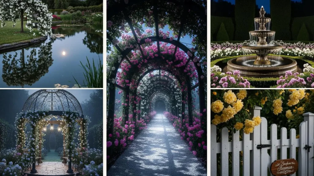 Verzauberter englischer Rosengarten im Mondschein: Blühende Rosenbögen und ein romantischer Teich voller Rosenzauber.