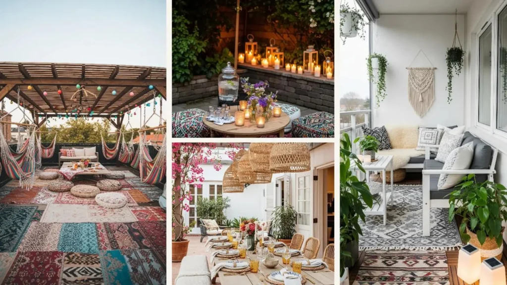 Collage mit vier sommerlichen Boho-Terrassen-Ideen für gemütliche Abende mit Freunden.