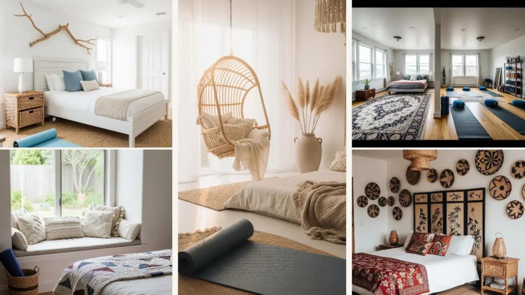Ein ruhiges Boho-Schlafzimmer mit einer Yogamatte neben dem Bett für entspannte Yoga-Vibes am Morgen.