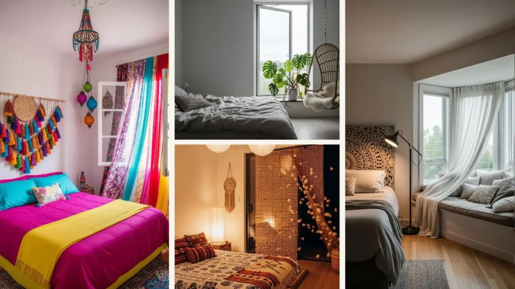 Vier Boho-Schlafzimmer-Ideen für Sommernächte, bei denen eine Brise durch das offene Fenster weht.