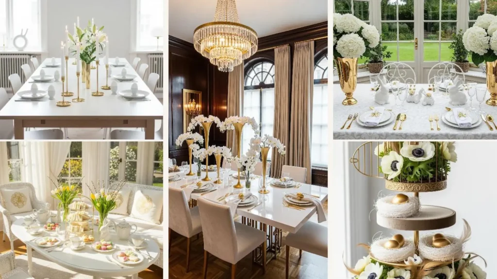 Luxuriöse Ostertafel in Gold und Weiß mit eleganten Frühlingsblumen und goldenen Akzenten.