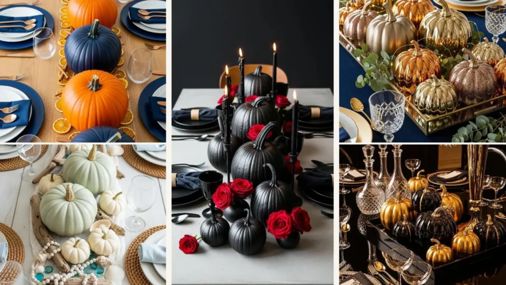 Stilvolle Kürbis-Arrangements auf Esstischen, die elegant wirken und wie aus einem Interior-Magazin stammen könnten.