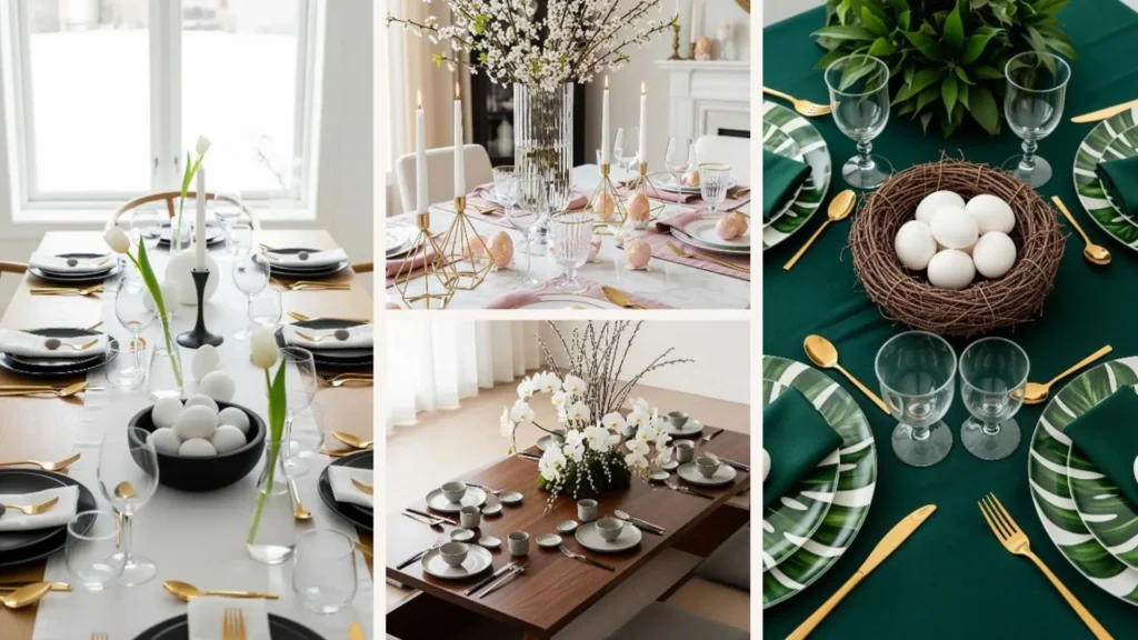 Moderne Ostertisch-Ideen mit eleganten Eiern, frischen Blumen und stilvollem Geschirr für ein Familienfest.