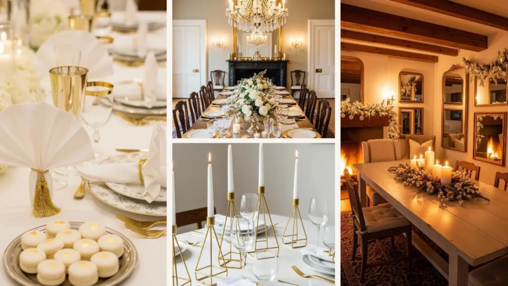 Elegante gold-weiße Tischdeko für ein festliches Weihnachtsessen mit stilvollen Kerzen und Geschirr.