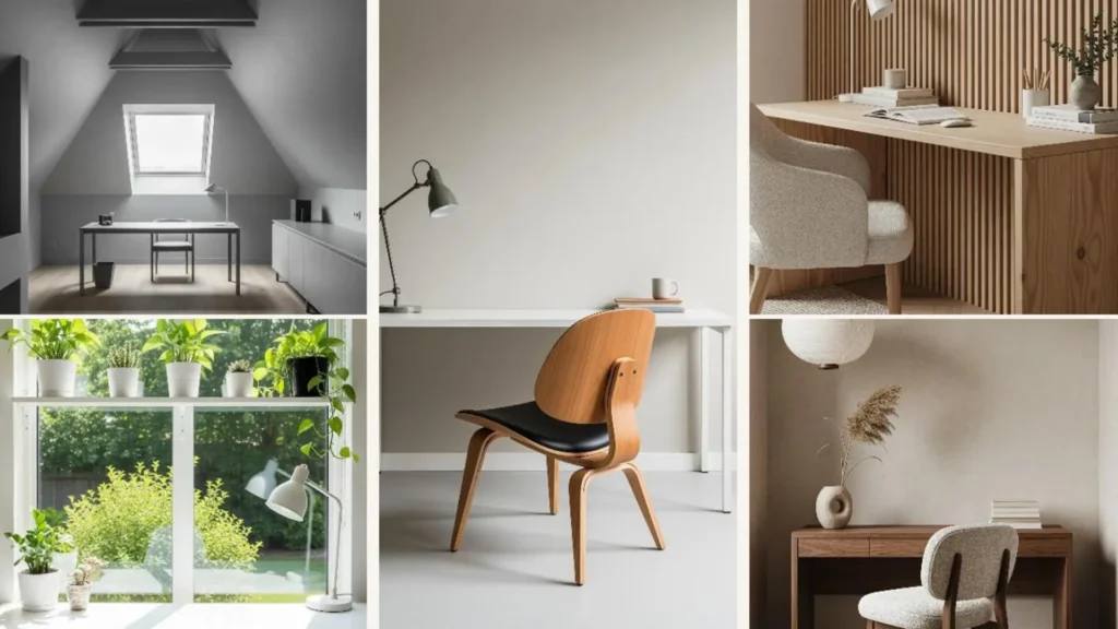 Collage mit Homeoffice-Ideen im minimalistischen Stil. Helle, fokussierte Arbeitsplätze für produktives Arbeiten.