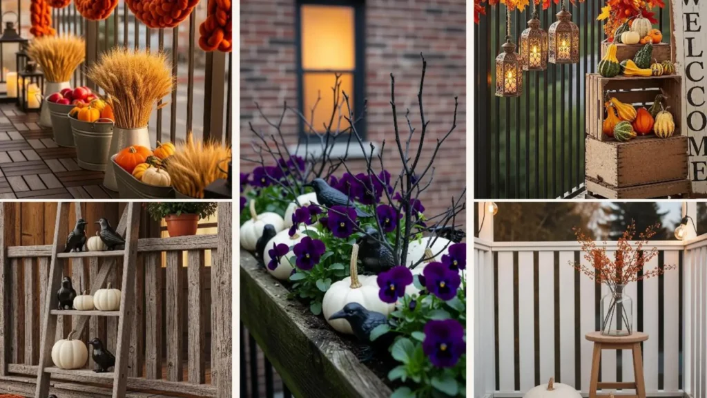 Halloween-Deko für kleine Balkone im Herbst-Cottage-Look mit Kürbissen, Laternen, Ähren und Raben.