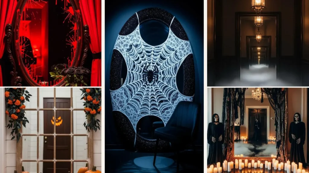 Gruselige Halloween-Spiegel-Deko mit Spinnweben, roten Akzenten und Totenköpfen für magische Foto-Ecken.