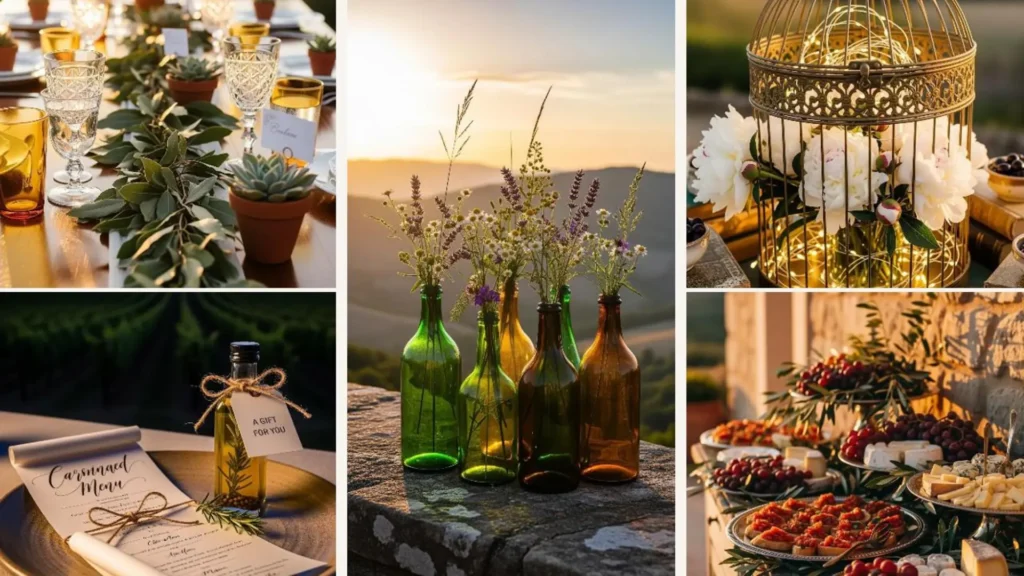 Romantische Vintage-Tischdeko im toskanischen Gartenstil bei Sonnenuntergang, mit Blumen, Lichtern und festlichen Arrangements.