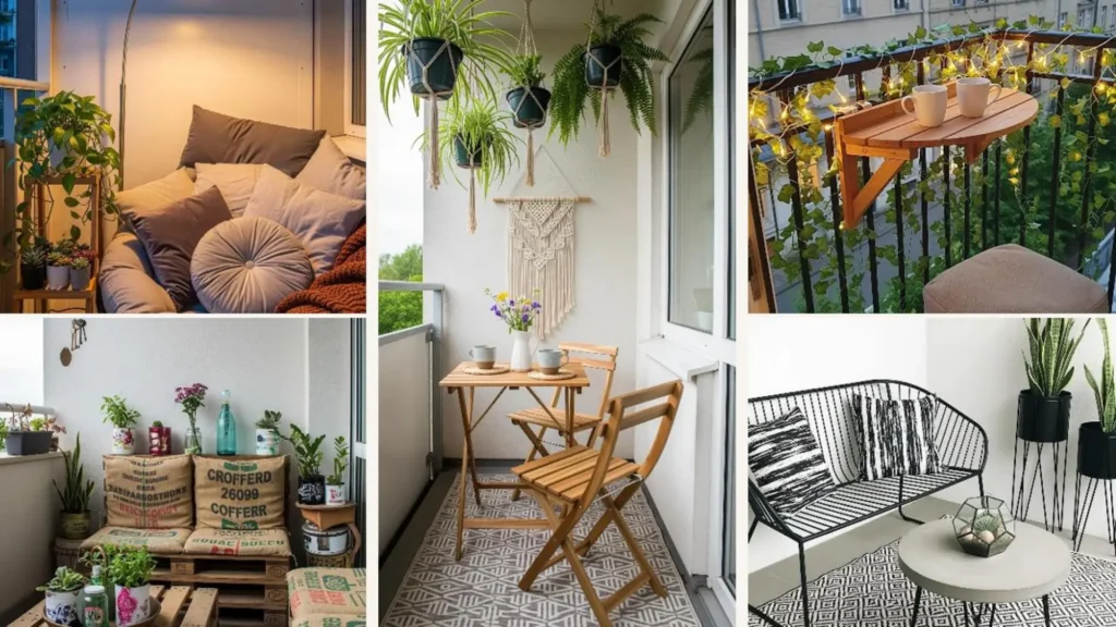 Kleine Boho-Balkon-Ideen für Kaffee am Morgen und Sonnenuntergänge in einer Collage.