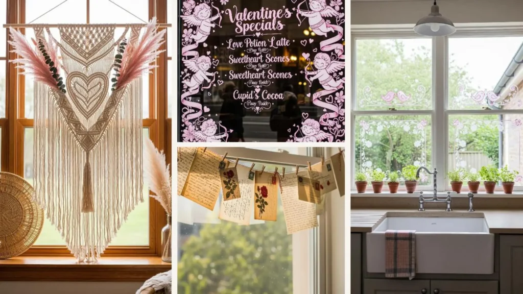Vielfältige Valentinstags-Fensterdeko-Beispiele: Makramee-Herzen, Schaufenster-Motive & Pflanzen für drinnen und draußen.