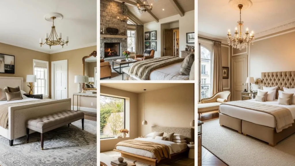 Eine Collage aus luxuriösen Schlafzimmern im warmen Champagner-Farbkonzept als Einrichtungs-Inspiration.
