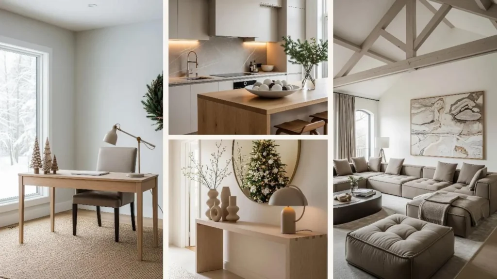Elegante skandinavische Winter-Dekoideen in Taupe & Beige für ein gemütliches Zuhause: Weihnachtsbäume, Kranz und stilvolle Möbel.