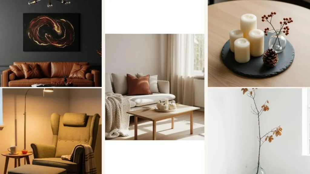 Ein minimalistisches Herbst-Wohnzimmer mit gemütlichem Sofa, warmen Lichtern und herbstlichen Dekorationen für ein ruhiges Zuhause.