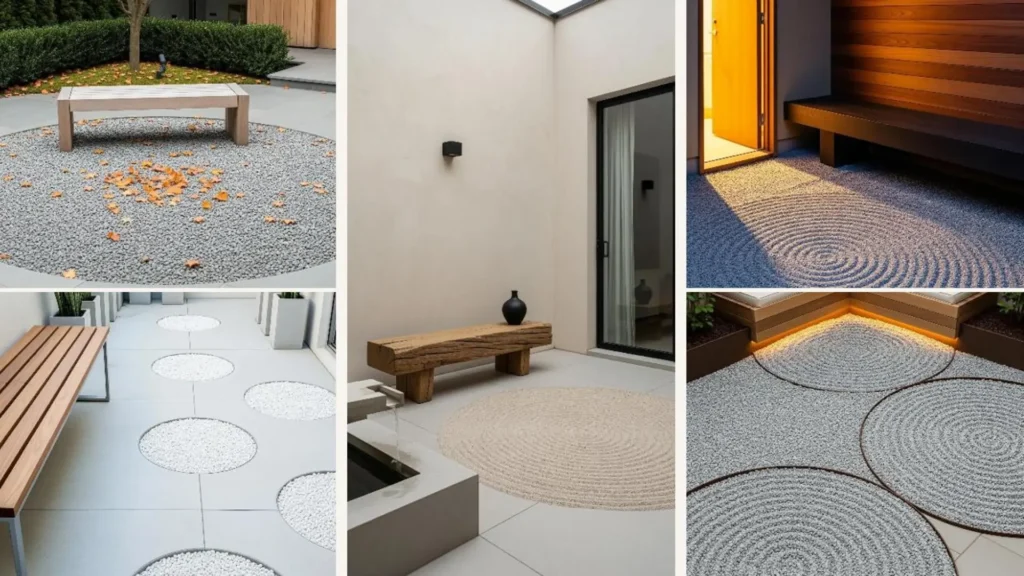 Minimalistischer Japandi-Garten für einen kleinen Hof mit einer schlichten Holzbank und einem runden Kieskreis.