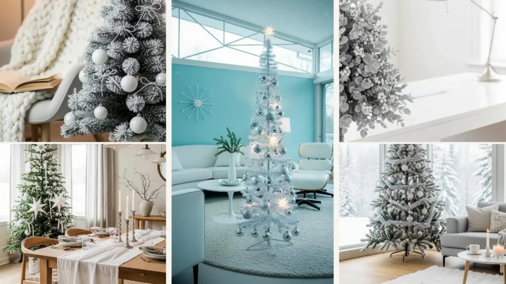 Minimalistisch dekorierte Weihnachtsbäume in Weiß-Silber-Optik für moderne Festtage.