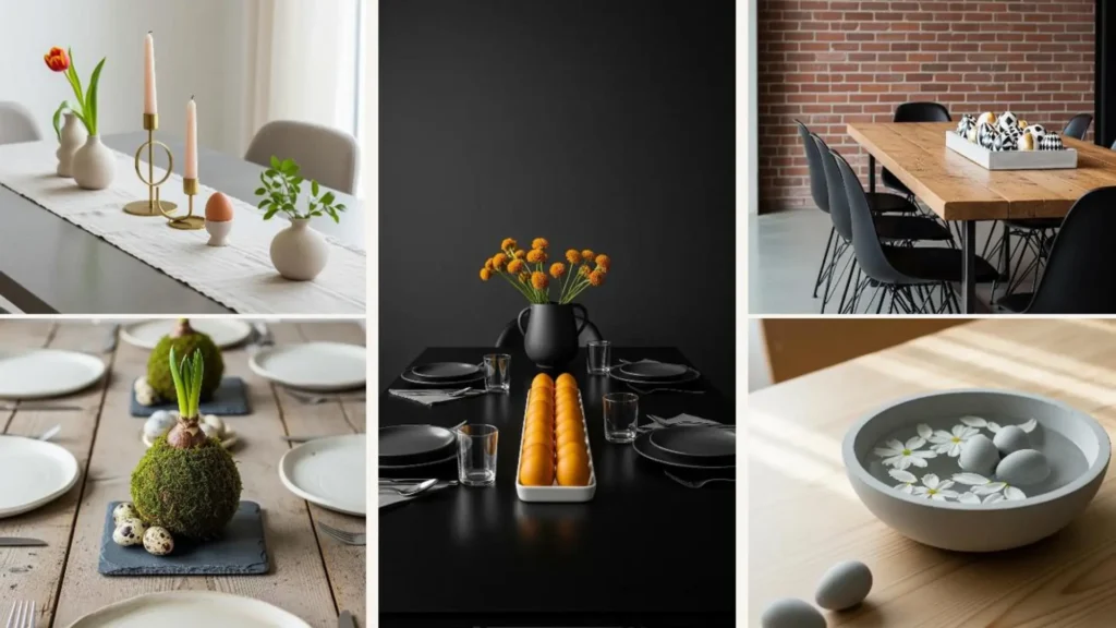 Moderne Osterdekorationen für ein minimalistisches Esszimmer mit Eiern, Blumen und Kerzen auf einem stilvollen Tisch.