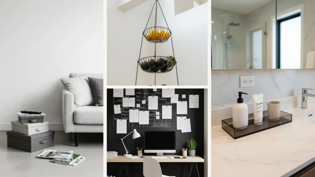 Minimalistische Ordnungs-Ideen: Eine Collage mit Aufbewahrungsboxen und Körben für mehr Ordnung ohne extra Möbel.