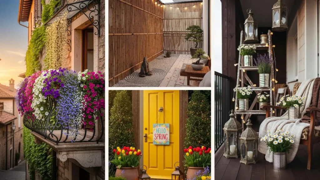 Inspirierende Balkon- und Eingangsdeko im Frühling mit bunten Blumen und funkelnden Lichterketten-Arrangements.