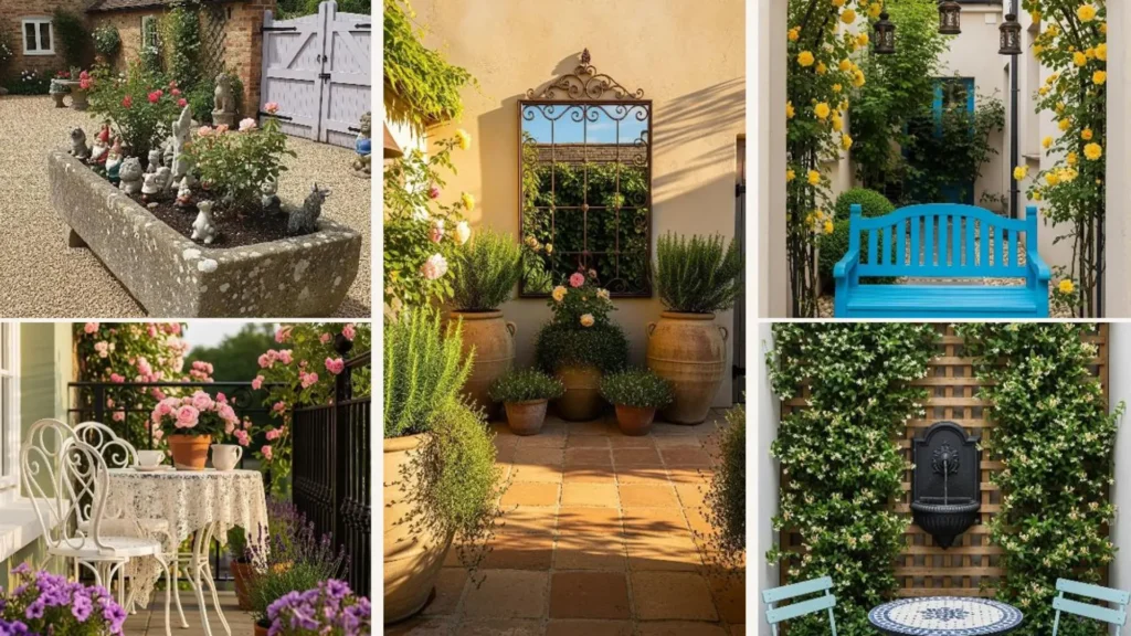 Idyllische kleine englische Gärten für Balkon & Hof mit blühenden Rosen, charmanten Sitzplätzen & vielen Topfpflanzen.