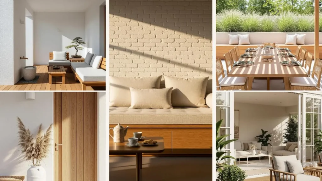 Collage mit Japandi-Umgestaltungsideen für eine weiße Terrasse mit Möbeln aus warmem Naturholz.