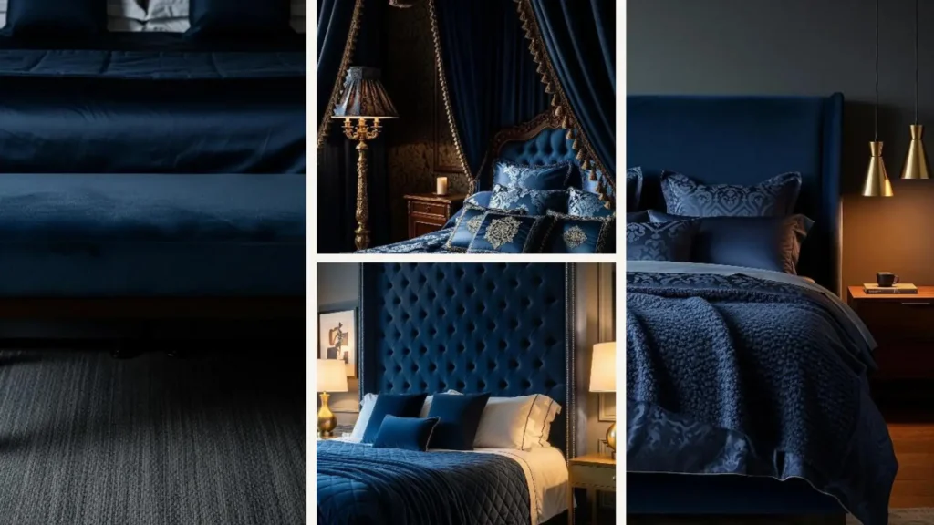 Ein Bett in einem luxuriösen, nachtblauen Schlafzimmer, dekoriert mit vielen edlen Stoffschichten und Kissen.