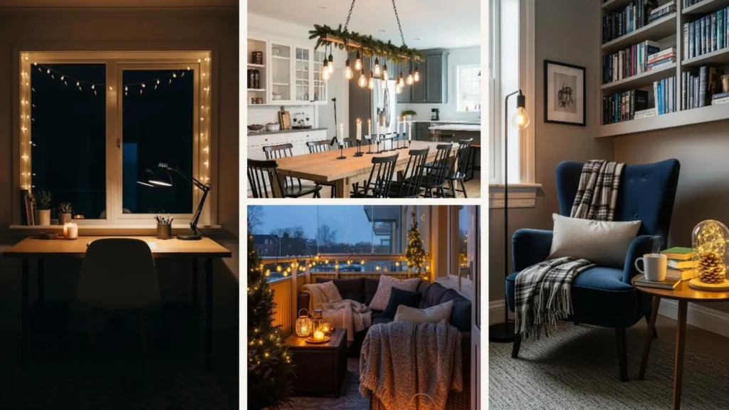 Stimmungsvolle Winter-Wohnideen: Kerzen und Lichterketten schaffen Gemütlichkeit für dunkle Abende im Zuhause.