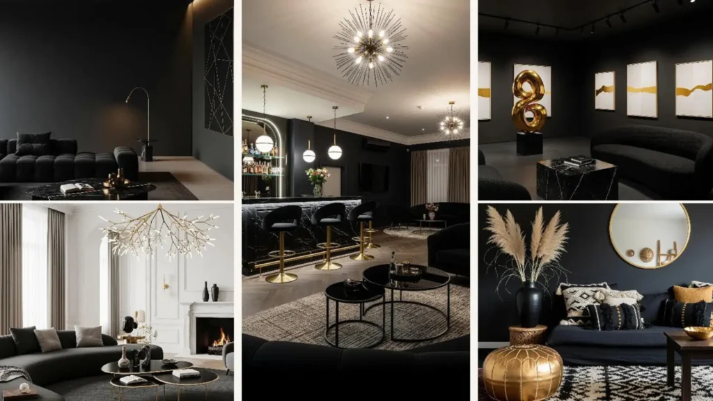 Wohnzimmer im edlen Farbkonzept Schwarz-Gold als inspirierende Collage.