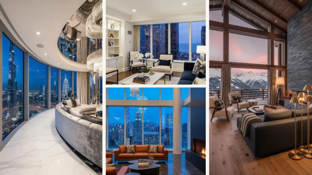 Collage von vier Wohnzimmern mit Panoramafenstern und luxuriösem Abendlicht über Stadt und Bergen.