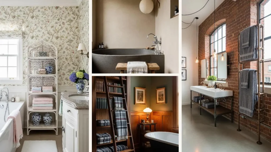 Eine Collage aus vier luxuriösen Badezimmern mit stilvollen Handtuch-Lounges in verschiedenen Designs.