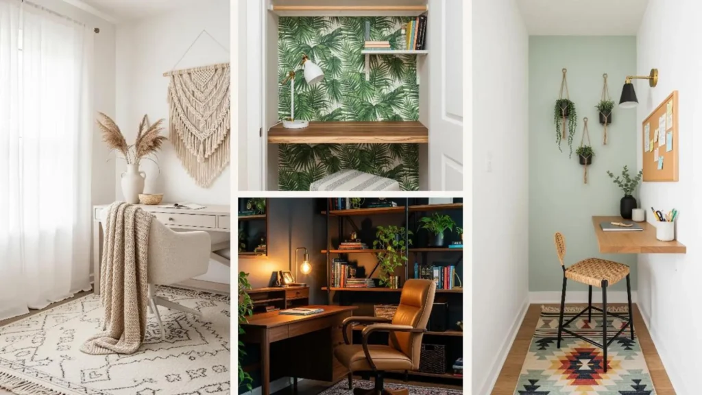 Kreative Boho Homeoffice Ideen: Collage mit vier gemütlichen Arbeitsplätzen, dekoriert mit Makramee und Pflanzen.