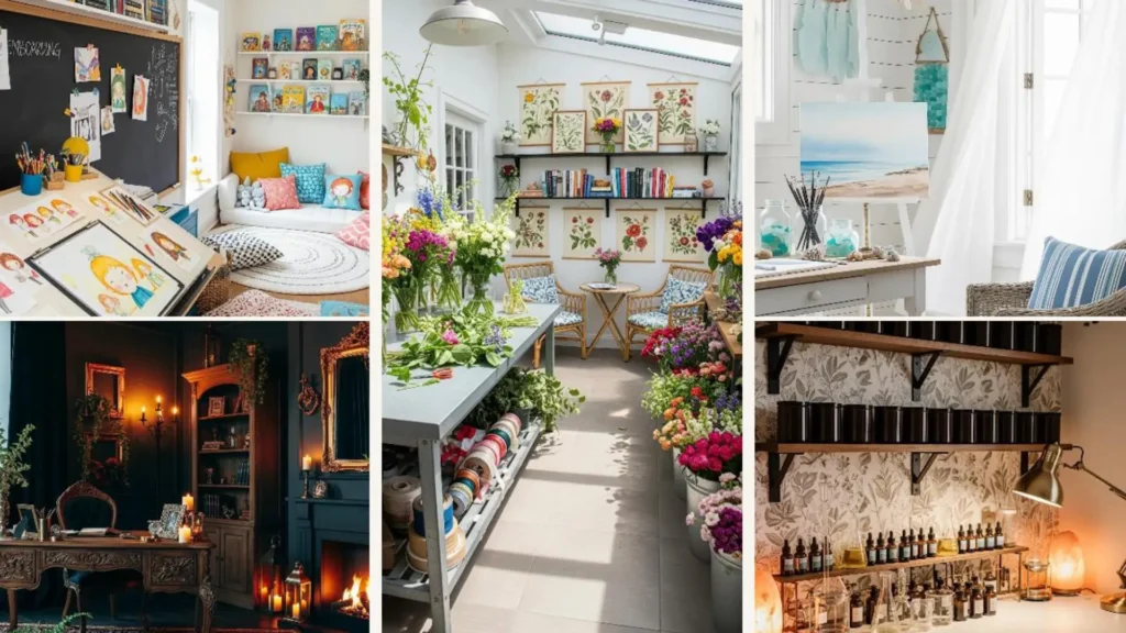 Inspirierende Boho-Studio-Ideen für Künstler. Eine Collage mit kreativen Arbeitsbereichen für Designer zuhause.