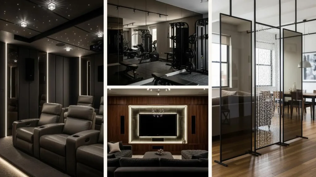 Edle Akzente für Interieurs: Collage mit Rauchglasspiegeln im Heimkino und Kristalldetails als Raumteiler.