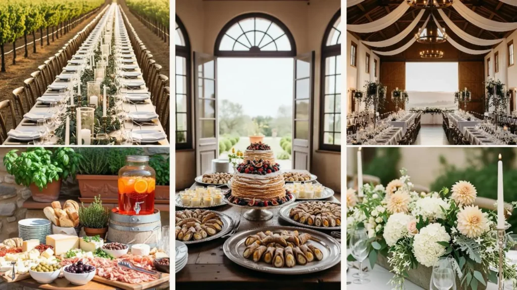 Romantische Toskana-Hochzeitsdeko: festlich gedeckte Tische im Garten und Innenbereich mit italienischem Flair.