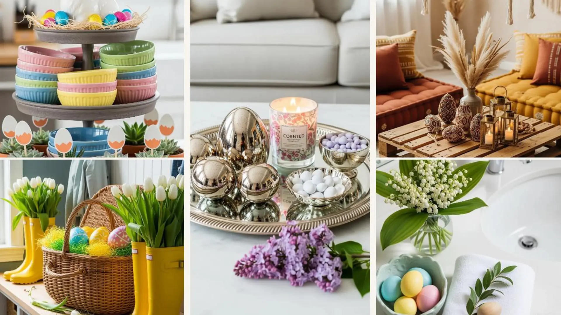 Bunte Osterdeko Ideen für ein Frühlingsfest zu Hause: bemalte Eier, Tulpen und frische Blumen.