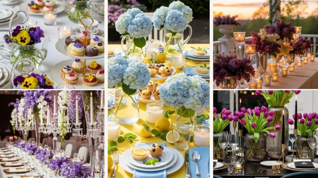 Luxuriöse Frühlingsblumen in Glasvasen mit Kerzen dekorieren ein elegantes Dinner für Instagram.