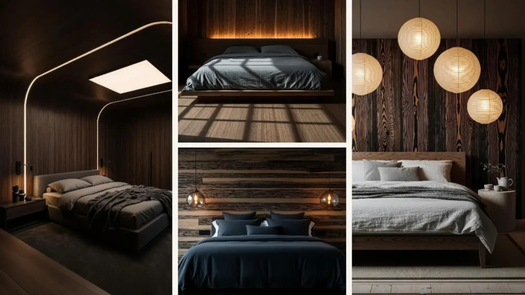 Luxuriöse Schlafzimmer in dunkler Holzoptik, beleuchtet von warmem Licht für eine ruhige Atmosphäre.